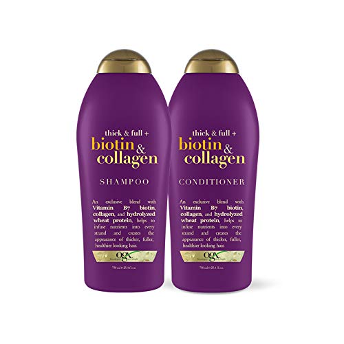 OGX Thick & Full + Biotin & Collagen Extra Strength Volumizing Shampoo + Conditioner with Vitamin B7 & Hydrolyzed Wheat Protein for Fine Hair, 25.4 oz Pack of 2