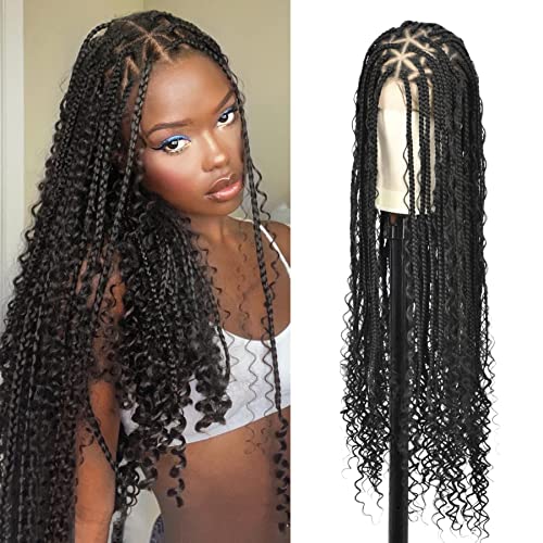 Olymei 36 Inches Full Double Lace Front Triangle Knotless Box Braided Wigs With Boho Curls Ends Box Braids Wig With Baby Hair For Black Women Black Synthetic Lace Frontal Braid Wigs(Curly)