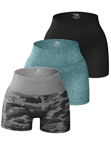 OQQ Women's 3 Piece Yoga Workout Athletic Seamless High Wasit Gym Legging Shorts, Black Darkgreen Greycamouflage, Small