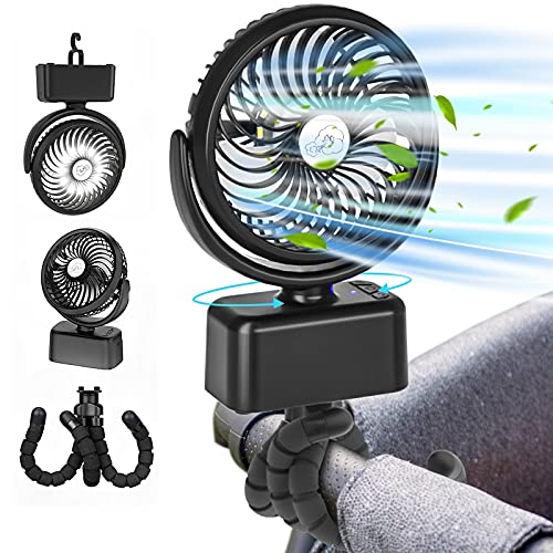 Oscillating Stroller Fan, 5000mAh Rechargeable Camping Fan, Multifunctional USB Desk Fan - Removable Flexible Octopus Tripod with Hanging Hook,3 Speed&LED Light for Stroller/Tents /Gym…