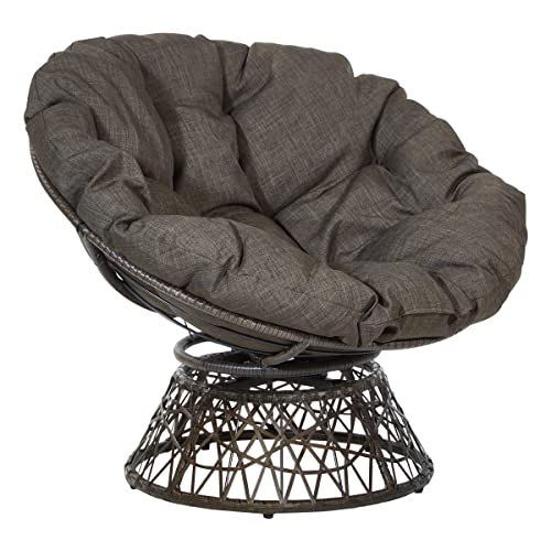 OSP Home Furnishings Wicker Papasan Chair with 360-Degree Swivel, Large, Brown Frame with Brown Cushion