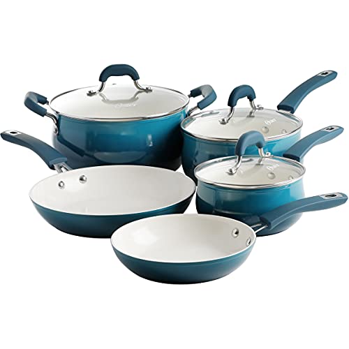 Oster Corbett Forged Aluminum Cookware Set with Ceramic Non-Stick-Induction Base-Soft Touch Bakelite Handle and Tempered Glass Lids, 8-Piece, Gradient Teal