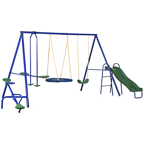 Outsunny 5-in-1 Kids Swing Set Backyard Playground Set with Saucer Swing, Outdoor Slide, Seesaw, Metal Swing Set Kids Outdoor Playset Playground Equipment