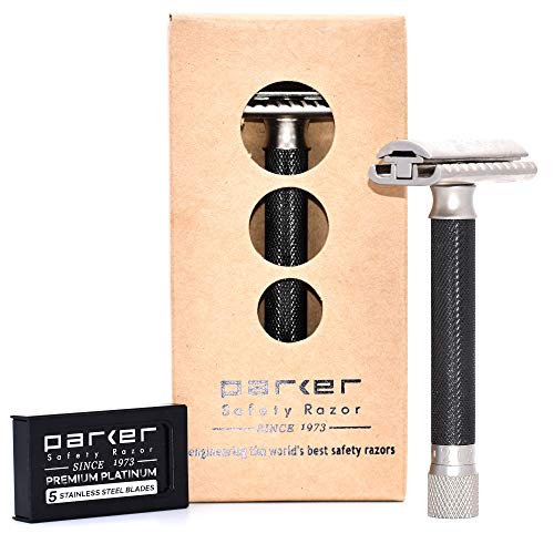 Parker Variant Adjustable Double Edge Safety Razor and 5 Parker Premium Blades - Adjust The Blade Exposure with A Turn of Dial for Milder or More Aggressive Shaves… (Graphite)