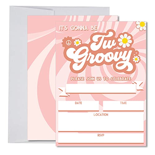 Partiness Two Groovy Birthday Party Invitations, Retro Hippie 70s Boho Daisy Party Decoration Supplies for Girls, Kids, 20 Fill-In Invites + Envelopes