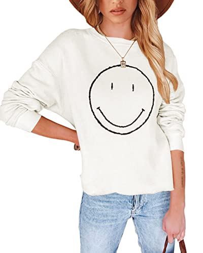 Pepochic Womens Crewneck Happy Face Sweatshirt Casual Long Sleeve Smile Graphic Pullover Tops Shirts White