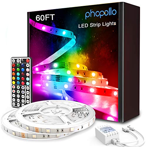 phopollo Led Strip Lights 60ft 5050 RGB Flexible Led Lights with 44 Keys Remote Controller and 12V Power Supply