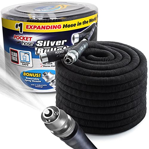 Pocket Hose Silver Bullet 100 ft Turbo Shot Nozzle Multiple Spray Patterns Expandable Garden Hose 3/4 in Solid Aluminum Fittings Lead-Free Lightweight and No-Kink