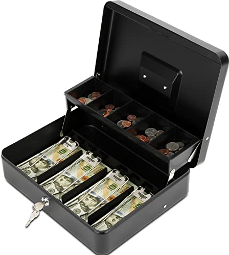Polspag Cash Box with Lock and 2 Keys, Metal Money Box with Cash Tray, Lock Safe Box, 4 Bill/5 Coin Slots, 11.8L x 9.5W x 3.5H Inches (Side Key-Black)