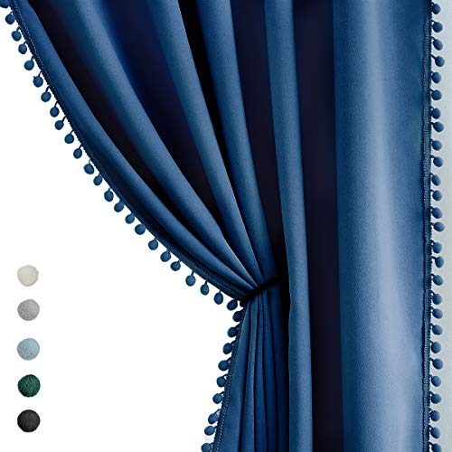 Pom Pom Curtains 84" Navy Royal Blue Blackout Curtains Bedroom Windows Drapes Triple Weave Thermal Insulated Curtain Panels for Men Boys Nursery Room Studio Hotel 50" w x2 Panels Rod Pocket