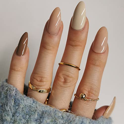 Press on Nails Short Almond Fake Nails with Glue, Neutral Pink Brown Medium Length False Nails with Design Acrylic Reusable Full Cover Nail Kits Glue on Nails for Women 24Pcs Static Stick on Nails, COCOA MILK