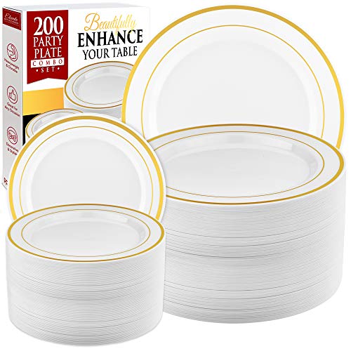 Prestee 200pc Gold Plastic Plates - 100 Dinner Plates & 100 Salad Plates, White + Gold-Rimmed Plastic Plates for Parties, Plastic Disposable Plates, Dessert Appetizer Plates Holiday Wedding Plates