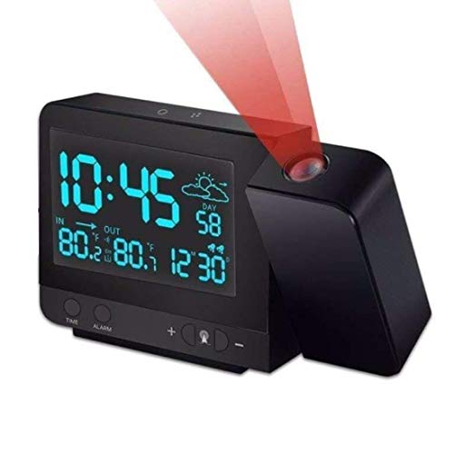 Projection Alarm Clock on Ceiling Wall with Indoor/Outdoor Thermometer Hygrometer, Weather Station, Dual Alarm, Colorful Backlight, and USB Charging for Bedroom