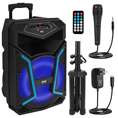 Pyle Portable Bluetooth PA Speaker System - 800W Outdoor Bluetooth Speaker Portable PA System w/ Microphone In, Party Lights, MP3/USB, FM Radio, Rolling Wheels - Mic, Remote - Pyle PPHP122SM