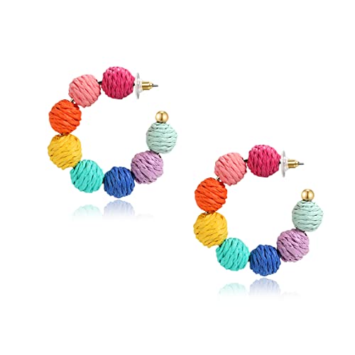 Rattan Earrings Summer Boho Raffia Ball Hoop Dangle Earrings for Women Girls Lightweight Straw Wicker Statement Earrings Bohemian Beach Earrings Jewelry Gifts (Colorful)