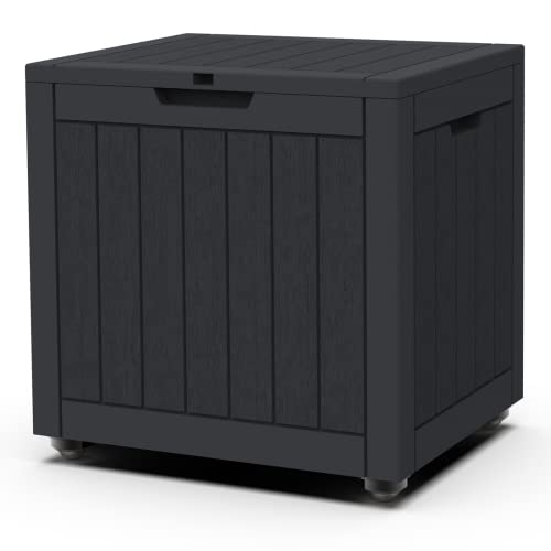 Realife Deck Box 30 Gallon with Wheels, Small Outdoor Storage Delivery Box for Patio and Pool, Resin, Black