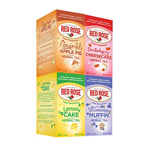 Red Rose Sweet Temptations Dessert Tea Variety Pack, Zero Sugar, Caffeine-Free Flavored Delicious Beverage Herbal Tea, 18 Count Pack of 4 Fruit Naturally Flavored Black Tea