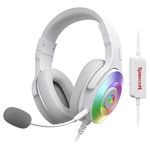 Redragon H350 White Wired Gaming Headset, Dynamic RGB Backlight - Stereo Surround-Sound - 50MM Drivers - Detachable Microphone, Over-Ear Headphones Works for PC/PS4/XBOX One/NS