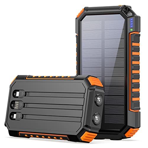 Riapow Solar Charger 30000mAh High Capacity Solar Power Bank with Built-in USB C & USB Input Cables, Fast Charge Portable Phone Charger with 5 Outputs & 2 Inputs for iPhone Samsung Tablet