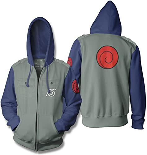 Ripple Junction Naruto Shippuden Men's Military-Style Zip Hoodie Kakashi With Hidden Leaf Village Symbol Cosplay Olive Medium