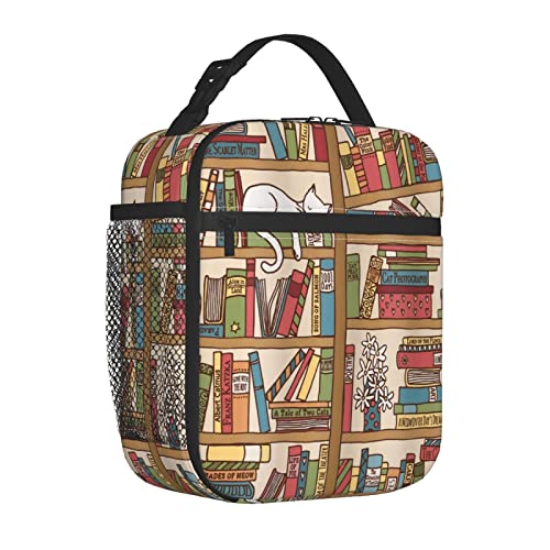 Rportable Lunch Bag For Women/Men Insulated,Nerd Book Lover Kitty Sleeping Over Bookshelf Library Academics F,Insulatedreusable Lunch Box For Office Work School Picnic Beach,Leakproof Cooler Tote Bag