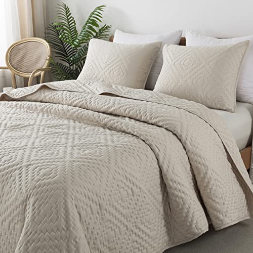 R.SHARE Beige Cream Tan Queen Size Quilt Bedding Sets with Pillow Shams, Boho Full Lightweight Soft Bedspread Coverlet, Quilted Blanket Thin Comforter Bed Cover for All Season, 3 Pieces, 90x90 inches