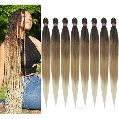 RUN SHUI Ombre Pre stretched Braiding Hair, 36 Inch 4 tones Kanekalon Braid Hair Extensions, 8 packs Multi Color Blend Braiding Hair Pre-stretched, Crochet Hair Braiding(36''-8packs, 1b/30/27/613)