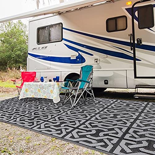 SAND MINE Reversible Mats, Plastic Straw Rug, Modern Area Rug, Large Floor Mat Rug for Outdoors, RV, Patio, Backyard, Deck, Picnic, Beach, Trailer, Camping (9' x 18', Black & Grey)