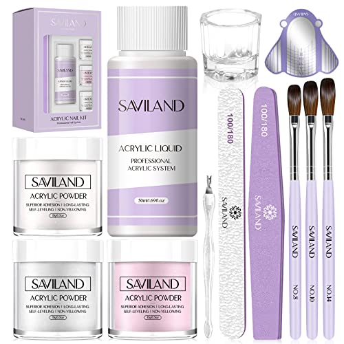 Saviland Acrylic Nail Kit for Beginner – 15g Clear/White/Pink Acrylic Powder and Liquid Set with Acrylic Nail Brush Nail Forms Glass Dappen Dish Easy to Use Starter Acrylic Nail Kit for Home DIY