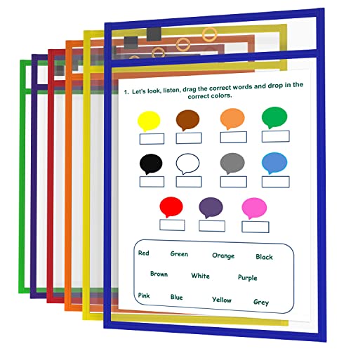 Scribbledo Dry Erase Pockets, 6 Pack Reusable Dry Erase Sleeves with Marker Holder, Colorful Dry Erase Pocket Sleeves for School or Work, Assorted Colors Sheet Protectors and Ticket Holders