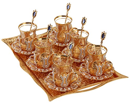 (Set of 6) Turkish Tea Glasses Set with Saucers Holders Spoons & TRAY, Decorated with Swarovski Type Crystals and Pearl,25 Pcs, 3.3 Ounces