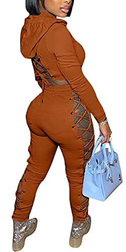 Sexy Track Suits for Women Lace Up Crop Top Pullover and Pants Set Two Piece Bodycon Jumpsuit Brown Medium