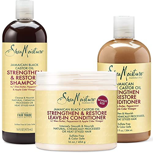 Shea Moisture Jamaican Black Castor Oil Combination Pack – Strengthen, Grow & Restore – Shampoo, 16.3 Oz, Conditioner 13 Oz. & Leave-In Conditioner 16 Oz