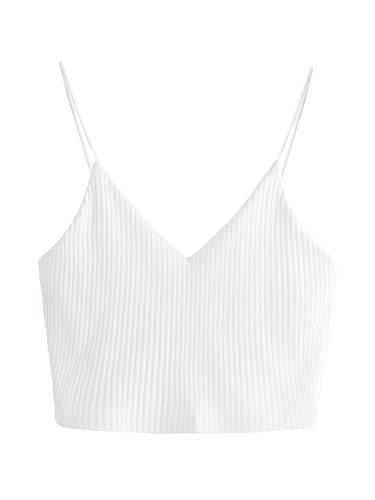 SheIn Women's Casual V Neck Sleeveless Ribbed Knit Cami Crop Top Snow White Medium