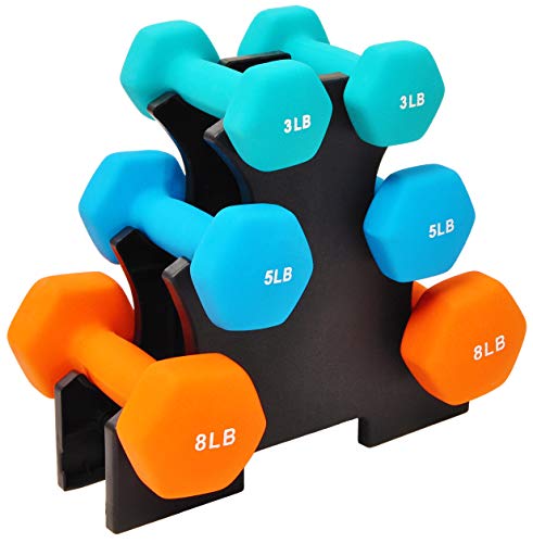 Signature Fitness 32LB Colored Neoprene Coated Dumbbell Set with Stand, 3, 5, 8 lbs Pairs