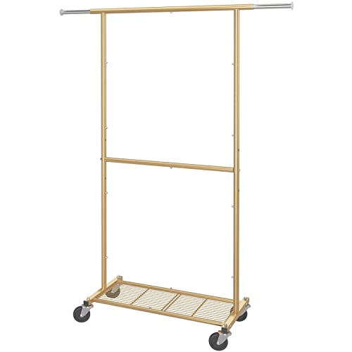 Simple Trending Standard Clothing Garment Rack, Rolling Clothes Organizer with Wheels and Bottom Shelves, Extendable, Golden Yellow