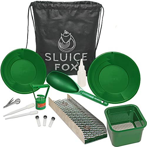 Sluice Fox backback gold panning kit with mini portable sluice box; Miners moss and gold trap sluice mat, black sand magnet gold separator, mini gold classifier, gold pay dirt scoop free tote backpack