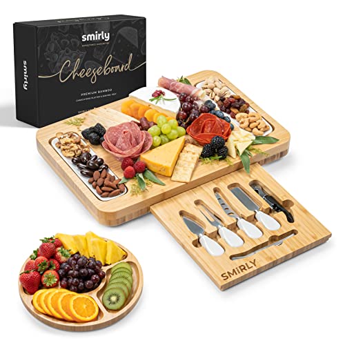 SMIRLY Bamboo Cheese Board and Knife Set: Large Charcuterie Board Set - Wooden Cheese Boards, Charcuterie Boards Gift Set - Unique House Warming Gifts, New Home Gift Idea - Cheese Platter, Cheese Tray