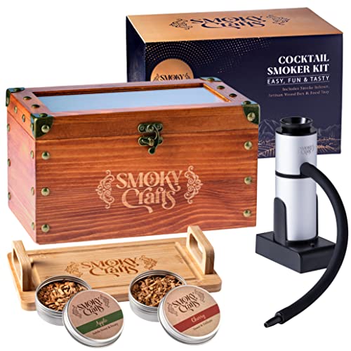 Smoky Crafts Cocktail Smoker Kit - Whiskey Smoker Kit with Smoking Gun, Cocktail Smoker Box and Wood Chips (Apple & Cherry) - Old Fashioned Smoker Kit - Bourbon Smoker Kit