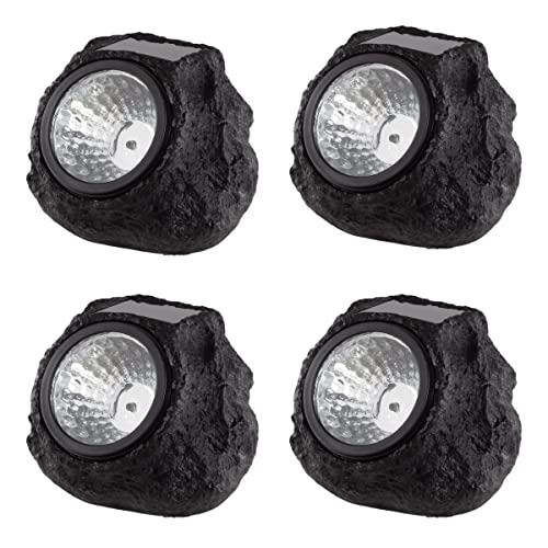 Solar-Powered Rock Outdoor Lights - 4-Piece All-Weather Faux-Stone LED Solar Lights Set for Paths, Gardens, and Landscaping (Black) by Pure Garden