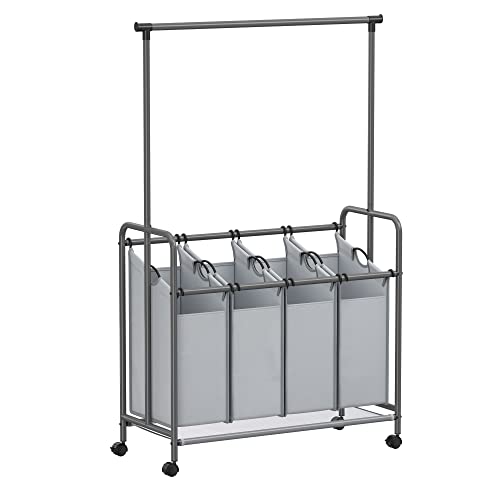 SONGMICS 4-Section Laundry Sorter, Rolling Laundry Cart with Hanging Bar, Laundry Organizer, Hampers for Laundry, Heavy-Duty, Lockable Wheels, 4 x 13.2 Gal, Gray URLS44GS