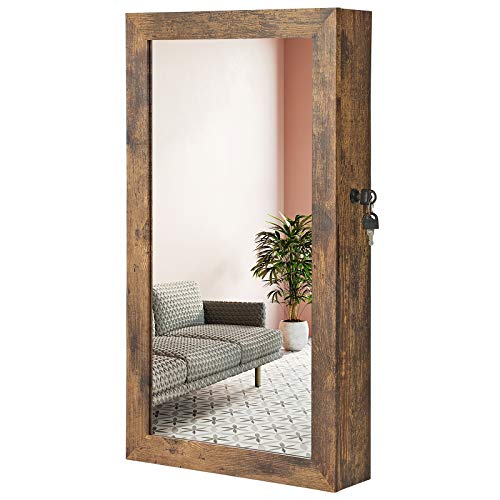 SONGMICS Lockable Jewelry Cabinet Armoire with Mirror, Wall-Mounted Space Saving Jewelry Storage Organizer, Rustic Brown UJJC051K01