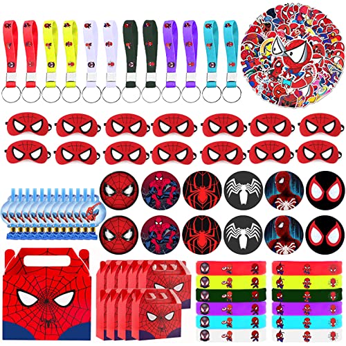 Spiderman Birthday Party Favors Supplies,130 Pcs,Include Button Pins, Key Chain, Bracelet, Spider Masks, Goodie Bags, Blower Whistles, Stickers for Classroom Rewards Hero Carnival Prizes Decorations