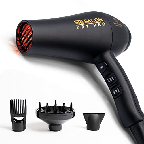 SRI Salon Dry Pro, Infrared Light Blow Dryer with Salon Results, Negative Ions for Reduced Frizz, Fast-Drying & Max Shine, 1875W, Free Attachments - Concentrator, Diffuser, & Comb