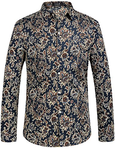 SSLR Men's Paisley Shirts Cotton Printed Button Down Long Sleeve Shirts for Men (Large, Navy)