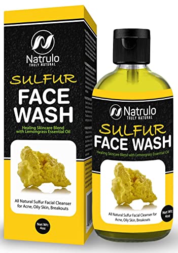 Sulfur Face Wash for Acne – All Natural Sulfur Facial Cleanser for Oily Skin, Breakouts – Healing Skincare Blend with Lemongrass Essential Oil – 4oz Mattifying Cleansing Soap Liquid, Made in USA