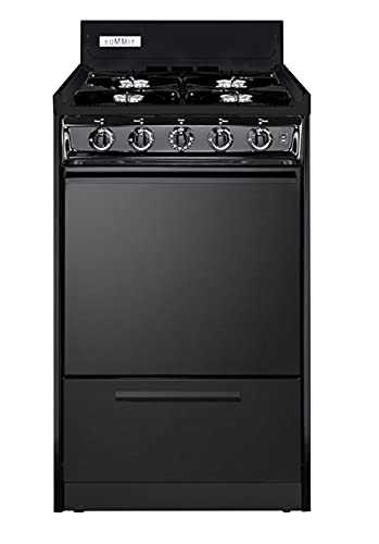 Summit Appliance TNM1107C 20in Wide Gas Range, 4 Open Burners, Electronic Ignition, Recessed Oven Door, Broiler Pan, Push-To-Turn Burner Knobs, Ada Compliant Design, Designed for Natural Gas, Black