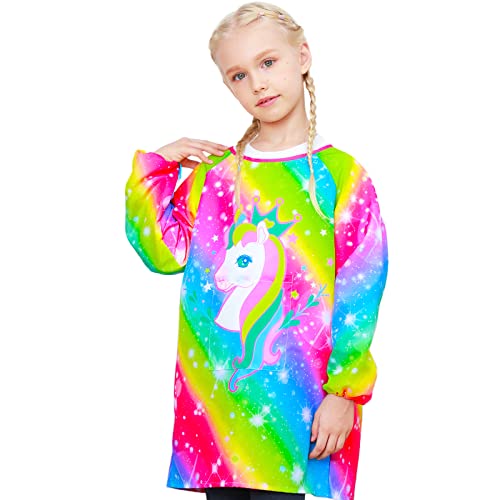 Sylfairy Kids Art Smocks for Painting, Waterproof Artist Rainbow Unicorn Aprons for Children Long Sleeve Toddler Apron Smock with Pocket (Rainbow,Large)