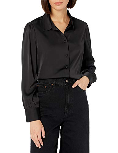 The Drop Women's @Lucyswhims Long-Sleeve Button Down Stretch Satin Shirt, Black, Medium