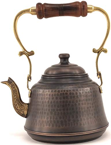 The Silk Road Trade - Heavy Gauge Thickness Handmade Hammered Large Copper Coffee/Tea Pot Kettle Stovetop with Ergonomic Wooden Handle (2.1 Quart / 2.0 Liter) (Antique Copper)